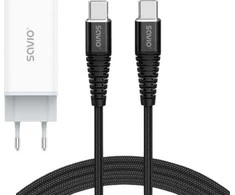 Savio Įkroviklis jungiama į tinklą 65W GaN LA-07 su kablem typu C-USB typ C 100W 1m, balta ir-juoda