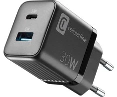 Cellular Line Cellularline Multipower Micro GaN - USB-C &amp; USB-A Power Delivery 30W mains įkroviklis juodos spalvos