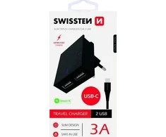 Phone Accessories Swissten Smart IC tinklo įkroviklio rinkinys 2xUSB 3A+Type C duomenų kabelis 1,2m, juodas