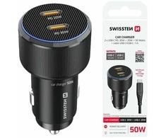 Įkroviklis Swissten PD 2x USB-C automobilinis įkroviklis 50W su USB-C - USB-C laidas 1m