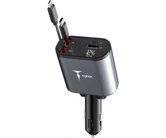 Automobilinis įkroviklis + 2x kabelis USB-C + Lightning 4in1 86W T-PHOX FLEXIT pilkos spalvos
