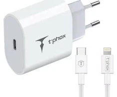 Tinklo įkroviklis T-PHOX ISPEED 20W + kabelis USB-C/lightning baltos spalvos