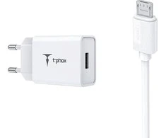 Tinklo įkroviklis T-PHOX MINI-EU MICRO USB baltos spalvos 1.2M 2.4A