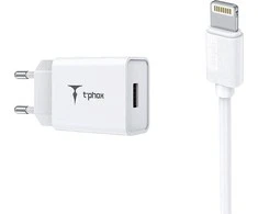 Tinklo įkroviklis T-PHOX MINI-EU lightning baltos spalvos 1.2M 2.4A