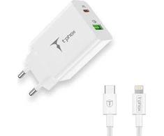 Tinklo įkroviklis T-PHOX SPEEDY USB-C 20W/USB 18W PD QC + KABELIS LIGHTNING 1M baltos spalvos