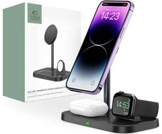 Belaidis magnetinis įkroviklis 3in1 15W telefonams su MagSafe, AirPods, Apple Watch Watch Tech-Protect QI15W A22 juodos spalvos