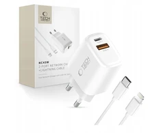 Tech-Protect NCA45W-GAN 2-Port laidinis įkroviklis PD 45W / QC3.0 + Lightning kabelis baltos spalvos