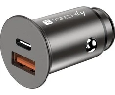 TECHLY mini automobilinis įkroviklis USB-A ir USB-C greitas įkrovimas 3.0 38W Juodas metalas