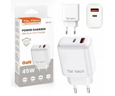 Teltech kroviklis jungiama į tinklą GaN USB+TYP-C 45W PD PPS balta TCH-03
