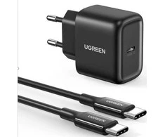 Sieninis įkroviklis UGREEN CD250, 25W, USB-C (juodas) + USB-C į USB-C laidas, 2m (juodas)
