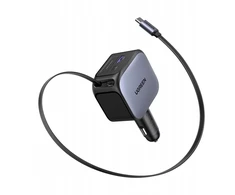 UGREEN greitas automobilinis įkroviklis su ištraukiamu laidu, 145 W, 3 prievadų, 2 x USB-C, 1 x USB-A, GaN, sidabrinis