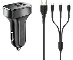 Automobilinis įkroviklis (2xUSB) su Type-C, Lightning, Micro USB laidu, USAMS, 2.1A, juodas