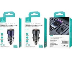USAMS automobilinis įkroviklis C39 USB+USB-C 60WFast Charge violetinė CC208CC02 (US-CC208)