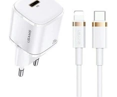 USAMS Tinklo įkroviklis 1xUSB-C T36 mini 20W + kabelis USB-C-Lightning baltos spalvos PD3.0 Fast Charging XFKXLOGTL02 (US-CC124+US-SJ484)