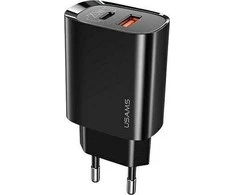 USAMS Tinklo įkroviklis 1xUSB-C+1xUSB T35 20W (only head) PD3.0 +QC3.0 Fast Charging juodos spalvos CC121TC02 (US-CC121)