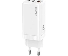 USAMS laidinis įkroviklis MT 2xUSB-C + USB GaN 65W T33 PD (tik antgalis) greito įkrovimo baltas CC110TC02 (US-CC)