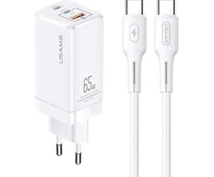 USAMS Tinklo įkroviklis MT 2xUSB-C+USB GaN 65W T33 PD + kabelis USB-C-USB-C 100W Fast Charging baltos spalvos MTXLOGTC02