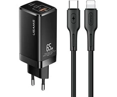 USAMS Tinklo įkroviklis MT 2xUSB-C+USB GaN 65W T33 PD + kabelis USB-C-Lightning 30W Fast Charging juodos spalvos MTXLOGTL01