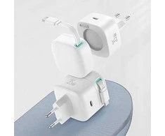 USAMS įkroviklis 1xUSB-C su ištraukiamu USB-C laidu (tik antgalis) PD+QC 35W Gan greitas įkrovimas baltos spalvos