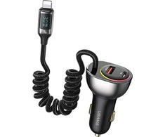 USAMS automobilinis įkroviklis C37 1xUSB+1xUSB-C 60W + kabelis Ligtning 30W PD+QC Fast Charge juodos spalvos CC193CC01 (US-CC193)