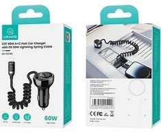 USAMS automobilinis įkroviklis C37 1xUSB+1xUSB-C 60W + kabelis Ligtning 30W PD+QC Fast Charge juodos spalvos CC193CC01 (US-CC193)