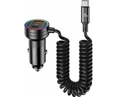 USAMS automobilinis įkroviklis 2xUSB-C 1xUSB-A C33 60W with spring cable Fast Charge juodos spalvos CC167CC01 (US-CC167)