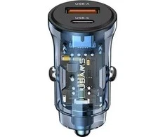 Automobilinis įkroviklis 30W USB + USB-C Fast Charge Usams C32 CC164CC02 (US-CC164) mėlynos spalvos