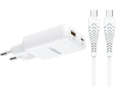 Telefono įkroviklis USB A + C tipo PD 65W + duomenų kabelis C tipo į C tipo 100W VEGER TR122 baltas