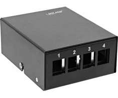 „InLine ®“ darbalaukio konsolidavimo taškų dėžutė, 4 vnt. „Keystone RJ45“, metalinė, juoda RAL9005