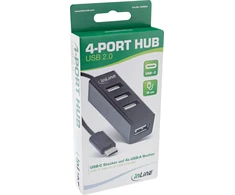 InLine® USB 2.0, 4 prievadų šakotuvas, USB-C kištukas iki 4x USB-A lizdas, juodas, 15 cm, plonas dizainas