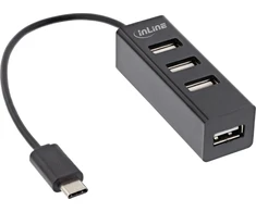 InLine® USB 2.0, 4 prievadų šakotuvas, USB-C kištukas iki 4x USB-A lizdas, juodas, 15 cm, plonas dizainas