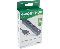 InLine® USB 2.0 HUB, 4 prievadai, USB-A kištukas iki 4x USB-A lizdas, juodas, 15 cm, plonas dizainas
