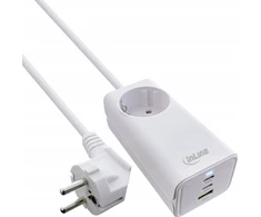 InLine® USB maitinimo šaltinis, 65 W įkroviklis, 2x USB-C + 1x USB-A, su apsauginiu lizdu ir 1,5 m laidu, PD3.0 PPS GaN, balta