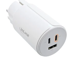 InLine® USB PD maitinimo šaltinis, GaN įkroviklis, 3 prievadų, dvigubas USB-C + USB-A, 65 W, baltas