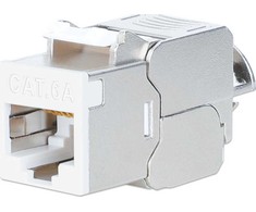 „Intellinet Network Solutions“ INTELLINET Cat6a 10G plonas „Keystone“ modulis STP be įrankių su fiksavimo spaustuku vientisam laidui, paauksuoti kontaktai, metalinis korpusas, baltas