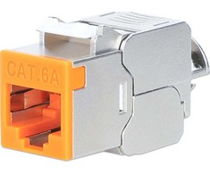 „Intellinet Network Solutions“ INTELLINET Cat6a 10G plonas „Keystone“ modulis STP be įrankių su fiksavimo spaustuku vientisam laidui, paauksuoti kontaktai, metalinis korpusas, oranžinis