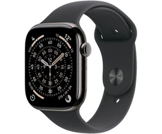 Išmanusis laikrodis „Apple Watch Series 11 GPS + Cellular“, 42 mm, titano spalvos korpusas su juodu sportiniu dirželiu – M/L