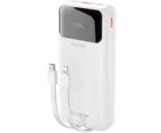Dudao K15Pro Power Bank 20000mAh 22.5W PD USB-C / USB-A / integruotais Lightning ir USB-C kabeliais – baltos spalvos