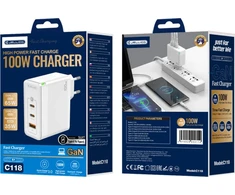 JELLICO sieninis įkroviklis C118 GaN PD 100W 2xUSB-C + 1xUSB QC3.0 + USB-C laidas - Lightning Baltas