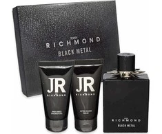 Set John Richmond: Juodas Metal Natural Cleansing Dušo želė, 50 ml + Juodas Metal Losjonas kūnui, 50 ml + Juodas Metal Eau De Parfum For Men, 100 ml