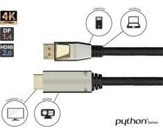 Python Series Kabelis PYTHON DisplayPort 1.4 na HDMI 2.0 kabelis nylon. juoda 1m