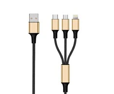 2GO USB kabelis USB-A – USB-C + microUSB + Lightning 1,5 m juodos ir auksinės spalvos (797152)