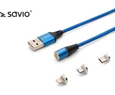 Magnetinis USB kabelis – USB Type C, Micro and Lightning 1m, SAVIO CL-154 Mėlyna