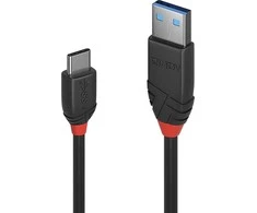 USB Laidas - LINDY Juodas Line USB 3.2 Type A į C Laidas, M/M, 10Gbps, 15W, 0.15 m, Juodas