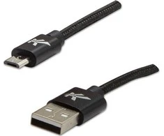 USB kabelio logotipas (2.0), USB A M - microUSB (M), 1m, 480 Mb/s, 5V/2A, juoda, dėžutė, nailono pynė, aliuminio jungties dangtelis