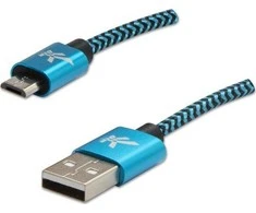 USB kabelio logotipas (2.0), USB A M - microUSB (M), 1m, 480 Mb/s, 5V/2A, mėlyna, dėžutė, nailono pynė, aliuminio jungties dangtelis