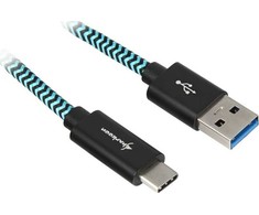 Sharkoon USB 3.2 Gen 2 Kabelis, USB-A Stecker > USB-C Stecker (juodas/hellblau, 0,5 Meter, gesleevt)