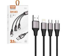 USB kabelis Somostel 3in1 sustiprintas RGB LED SMS-BW23 Type-C / Lightning / Micro USB 3.1A 1,2 m Juodas (10909)
