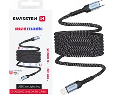 „Swissten“ magnetinis savaime apvyniojamas USB-C / „Lightning“ duomenų kabelis 1 m