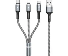WEKOME WDC-119 „Fython“ serija – „trys viename“ USB-A prie „Lightning“ + USB-C + „Micro USB PD“ jungiamasis laidas, 1,2 m (sidabrinis)